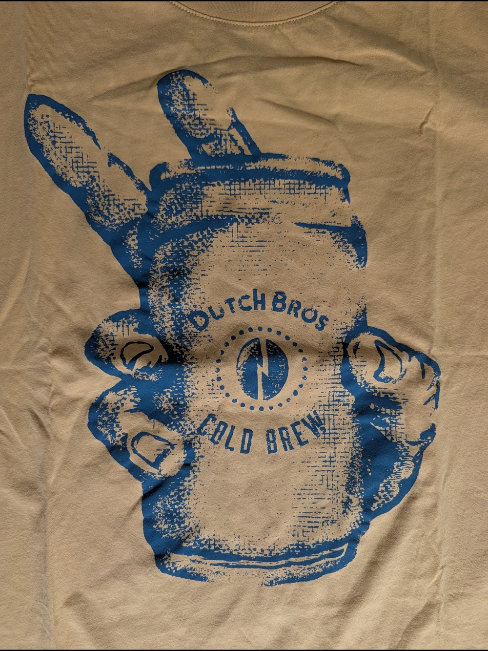 Dutch Bros Cold Brew Graphic Tee - Mustard Yellow with Blue Print